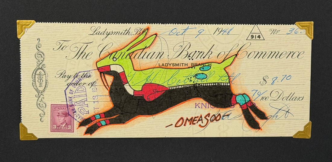 Lyle Omeasoo Blackfeet Montana Ledger Painting: Title is Green Rabbit. Measures 3 3/8" by 8 1/4". Lyle Omeasoo, was born on the Blackfeet Reservation in Montana. He is of the Blackfeet and Cree tribes. His children inspire him to paint and to be a 