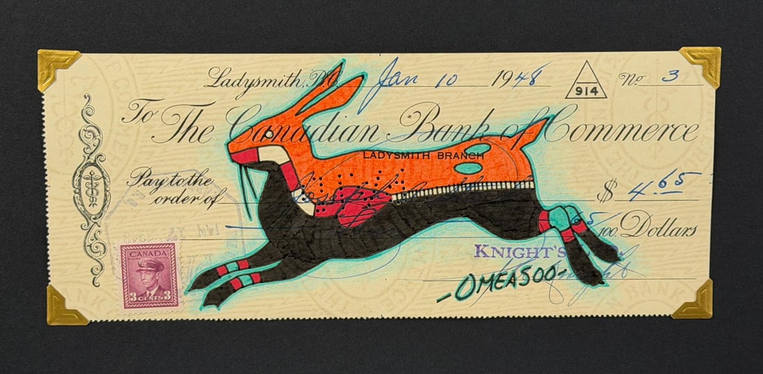 Lyle Omeasoo Blackfeet Montana Ledger Painting: Title is Orange Rabbit. Measures 3 3/8" by 8 1/4". Lyle Omeasoo, was born on the Blackfeet Reservation in Montana. He is of the Blackfeet and Cree tribes. His children inspire him to paint and to be a
