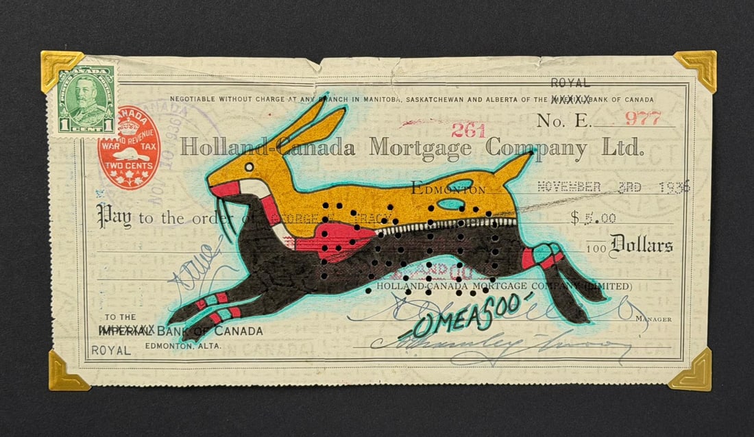 Lyle Omeasoo Blackfeet Montana Ledger Painting: Title is Yellow Rabbit. Measures 4 1/8" by 8 1/8". Lyle Omeasoo, was born on the Blackfeet Reservation in Montana. He is of the Blackfeet and Cree tribes. His children inspire him to paint and to be a