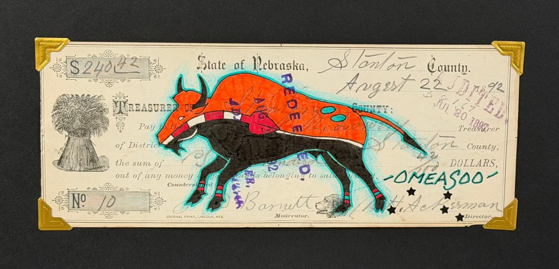 Lyle Omeasoo Blackfeet Montana Ledger Painting: Title is Orange Buffalo. Measures 2 7/8" by 7 3/8". Lyle Omeasoo, was born on the Blackfeet Reservation in Montana. He is of the Blackfeet and Cree tribes. His children inspire him to paint and to be 