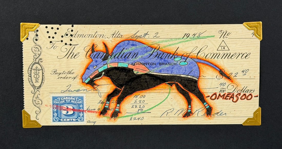 Lyle Omeasoo Blackfeet Montana Ledger Painting: Title is Blue Buffalo. Measures 2 3/4" by 6 1/2". Lyle Omeasoo, was born on the Blackfeet Reservation in Montana. He is of the Blackfeet and Cree tribes. His children inspire him to paint and to be a 