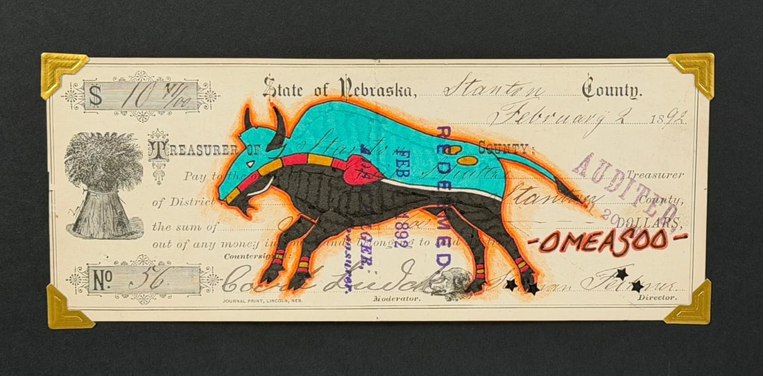 Lyle Omeasoo Blackfeet Montana Ledger Painting: Title is Blue Buffalo. Measures 3" by 7 3/8". Lyle Omeasoo, was born on the Blackfeet Reservation in Montana. He is of the Blackfeet and Cree tribes. His children inspire him to paint and to be a good