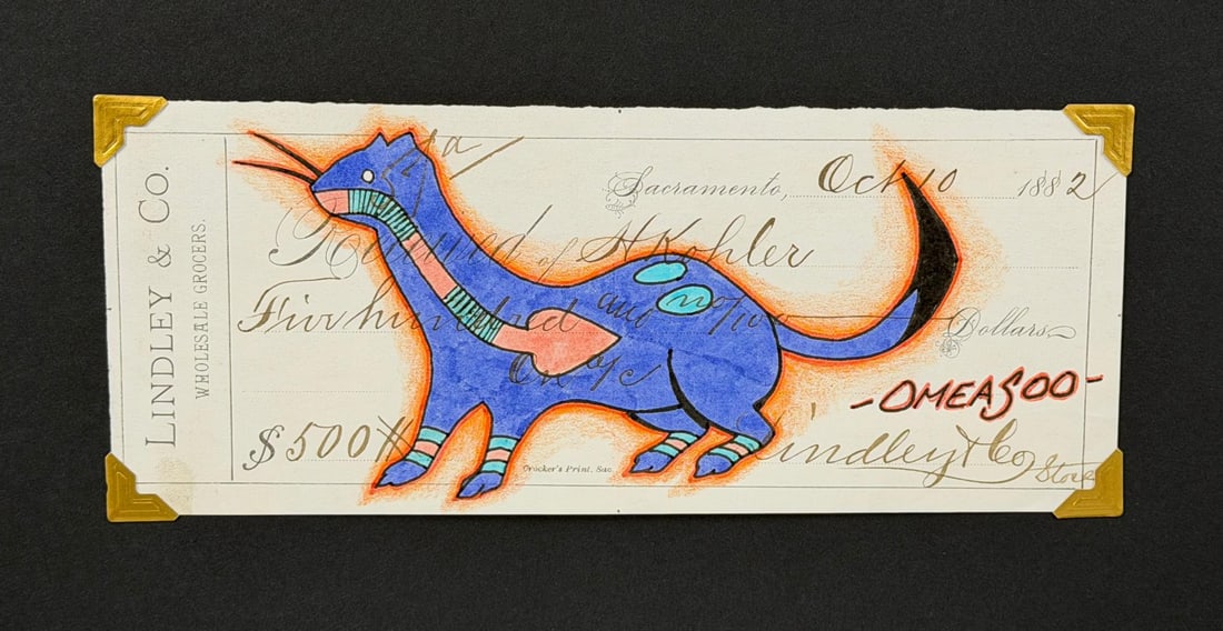 Lyle Omeasoo Blackfeet Montana Ledger Painting: Title is Blue Weasel. Measures 3" by 7 1/2". Lyle Omeasoo, was born on the Blackfeet Reservation in Montana. He is of the Blackfeet and Cree tribes. His children inspire him to paint and to be a good 