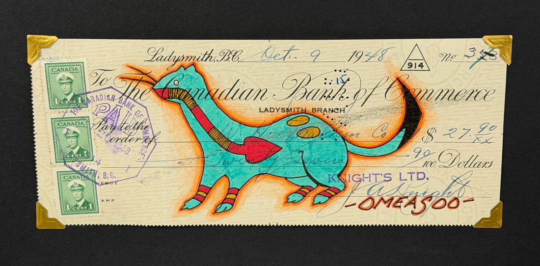 Lyle Omeasoo Blackfeet Montana Ledger Painting: Title is Blue Weasel. Measures 3 3/8" by 8 1/4". Lyle Omeasoo, was born on the Blackfeet Reservation in Montana. He is of the Blackfeet and Cree tribes. His children inspire him to paint and to be a g