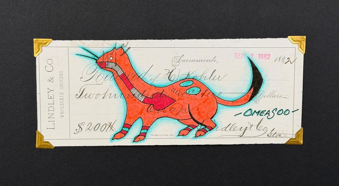 Lyle Omeasoo Blackfeet Montana Ledger Painting: Title is Orange Weasel. Measures 3" by 7 1/2". Lyle Omeasoo, was born on the Blackfeet Reservation in Montana. He is of the Blackfeet and Cree tribes. His children inspire him to paint and to be a goo