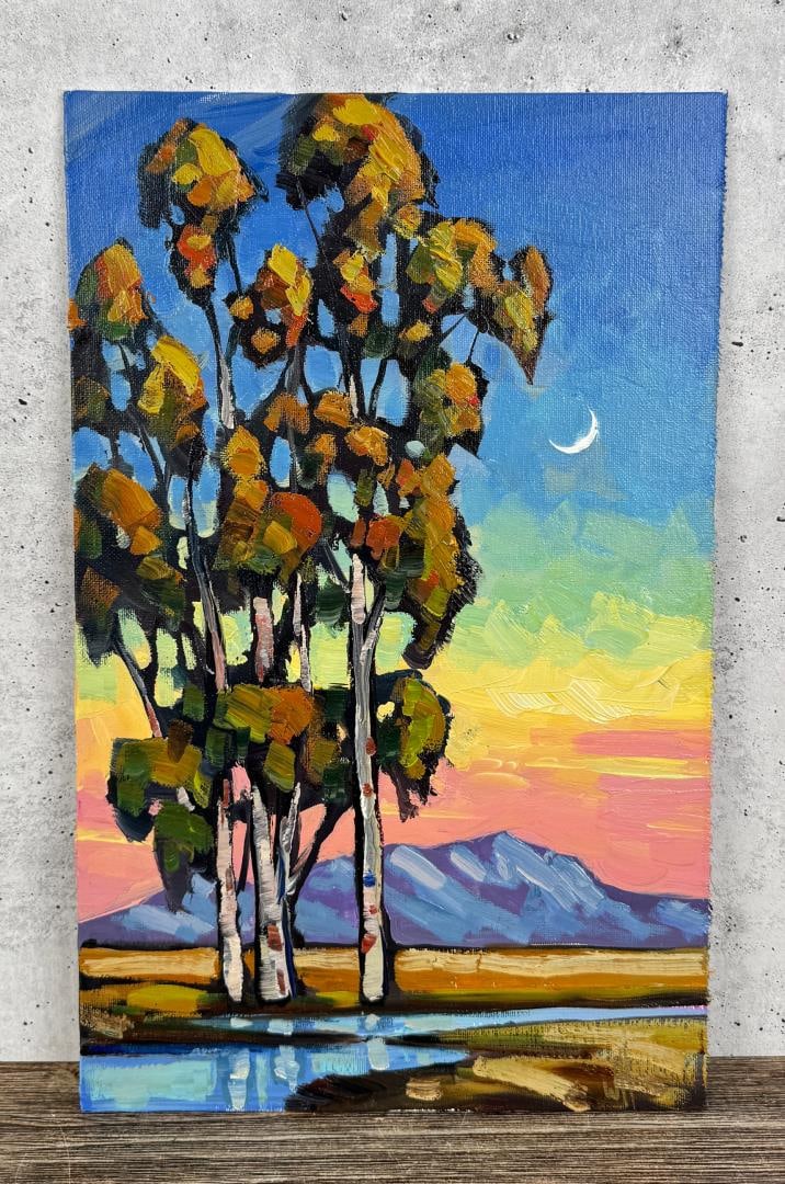 William Hawkins Moon Glow Oil Painting: Title is Moon Glow. 10" by 16" unframed. Oil on Board. William Hawkins (Born 1962) is active/lives in Arizona. Wm. Hawkins is known for his colorful and stylized impressionist oil paintings. His work 