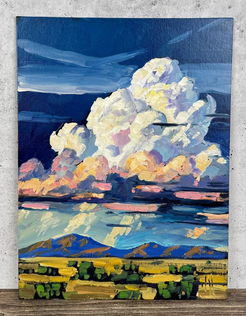 William Hawkins Desert Thunder Storm Oil Painting: Title is Desert Thunder Storm. 12" by 16" unframed. Oil on Board. William Hawkins (Born 1962) is active/lives in Arizona. Wm. Hawkins is known for his colorful and stylized impressionist oil paintings