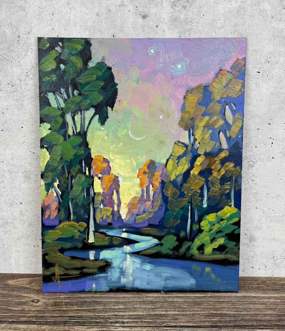 William Hawkins Lazy Moonlight River Oil Painting: Title is Lazy Moonlit River. 11" by 14" unframed. Oil on Board. William Hawkins (Born 1962) is active/lives in Arizona. Wm. Hawkins is known for his colorful and stylized impressionist oil paintings. 