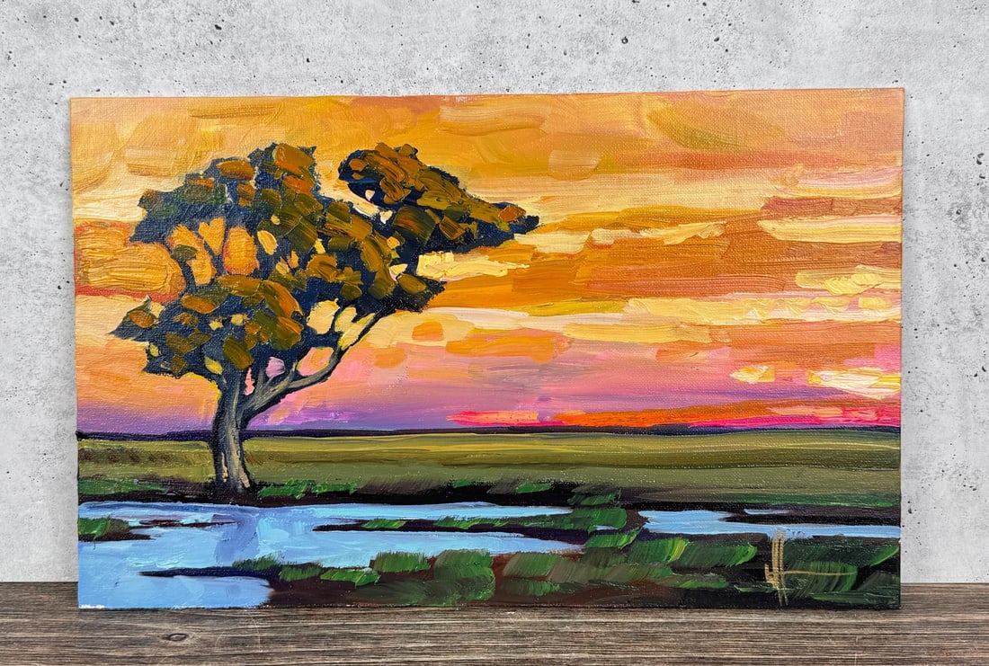 William Hawkins Marsh Sunset Oil Painting: Title is Marsh Sunset. 10" by 16" unframed. Oil on Board. William Hawkins (Born 1962) is active/lives in Arizona. Wm. Hawkins is known for his colorful and stylized impressionist oil paintings. His wo