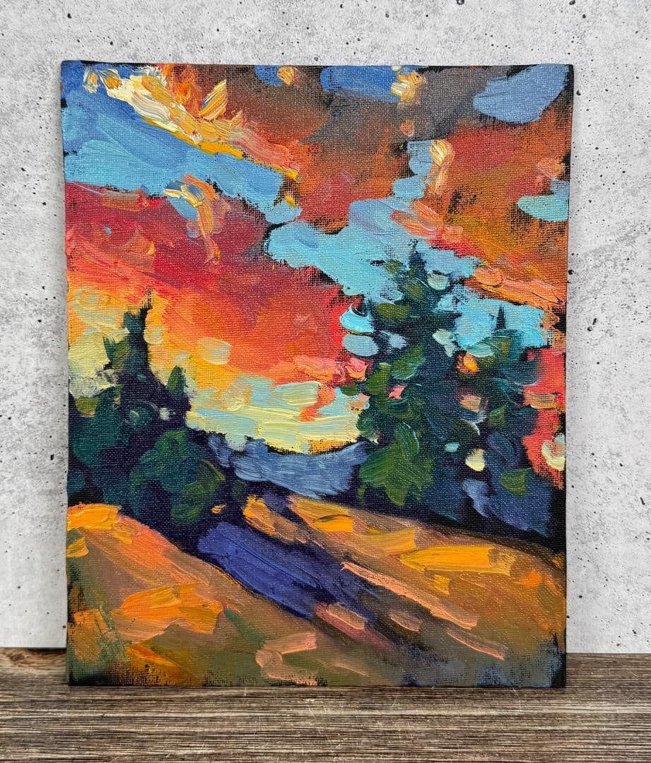 William Hawkins Summer Red Skies Oil Painting: Title is Summer Red Skies. 8" by 10" unframed. Oil on Board. William Hawkins (Born 1962) is active/lives in Arizona. Wm. Hawkins is known for his colorful and stylized impressionist oil paintings. His