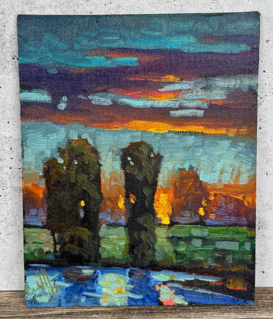 William Hawkins Evening Sunset Oil Painting: Title is Evening Sunset. 8" by 10" unframed. Oil on Board. William Hawkins (Born 1962) is active/lives in Arizona. Wm. Hawkins is known for his colorful and stylized impressionist oil paintings. His w