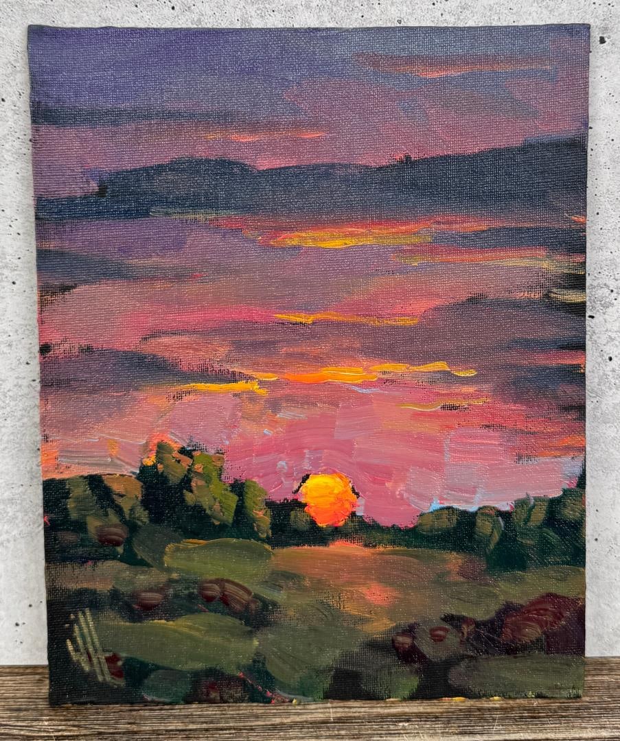 William Hawkins Desert Sundown Oil Painting: Title is Desert Sundown. 8" by 10" unframed. Oil on Board. William Hawkins (Born 1962) is active/lives in Arizona. Wm. Hawkins is known for his colorful and stylized impressionist oil paintings. His w