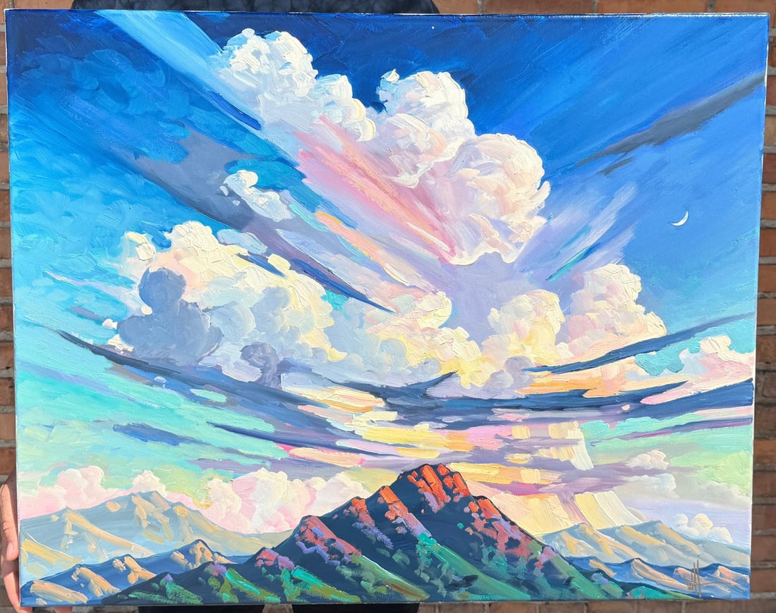 William Hawkins Desert Cloud Funnel Oil Painting: Title is Desert Cloud Funnel. 24" by 30" unframed. Oil on Canvas. William Hawkins (Born 1962) is active/lives in Arizona. Wm. Hawkins is known for his colorful and stylized impressionist oil paintings