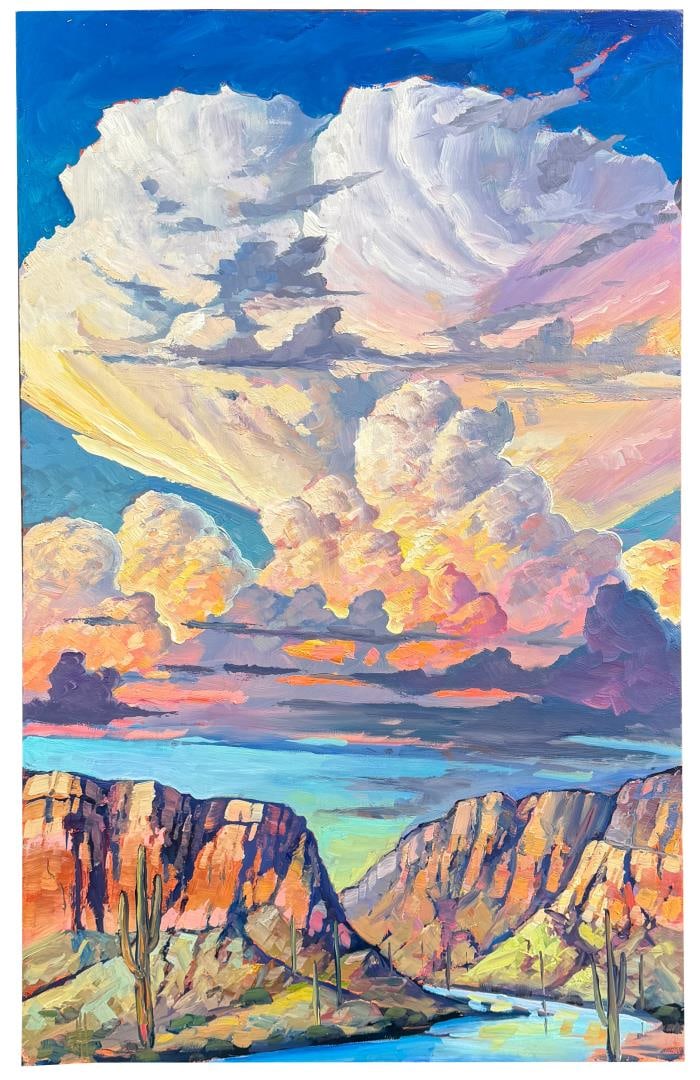 William Hawkins The Towering Storm Oil Painting: Title is The Towering Storm. 19 1/2" by 30 1/2" unframed. Oil on Board. William Hawkins (Born 1962) is active/lives in Arizona. Wm. Hawkins is known for his colorful and stylized impressionist oil pai