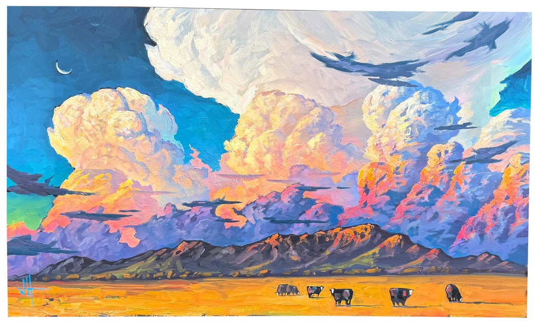 William Hawkins Range Storm Oil Painting: Title is Range Storm. 16 1/4" by 27 1/2" unframed. Oil on Board. William Hawkins (Born 1962) is active/lives in Arizona. Wm. Hawkins is known for his colorful and stylized impressionist oil paintings.