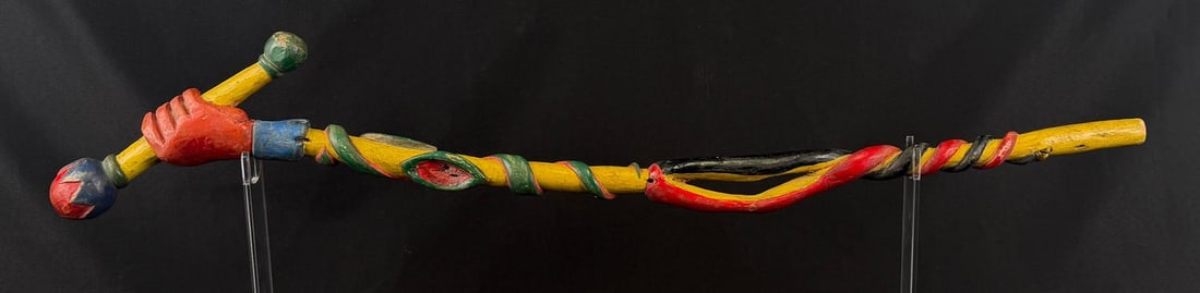 Native American Indian Folk Art Walking Stick: Signed Sylvester Roubideaux, Rosebud South Dakota. 38" long.