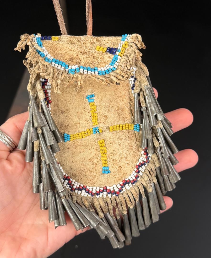 Apache Native American Indian Strike a Light Bag: Old note inside states that it was made for George Quesenberry Sr. 4 1/2" by 5 1/2" not including hanger. Hanging loop has been replaced at a later date. Last Quarter of the 19th Century.