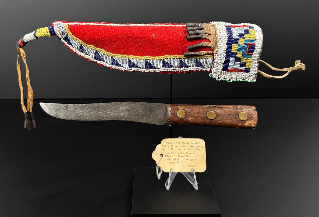 Crow Native American Indian Beaded Knife Sheath: Old tag states it was collected in Whitelash Montana circa 1900. Knife is 11" long. Last Quarter of the 19th Century.