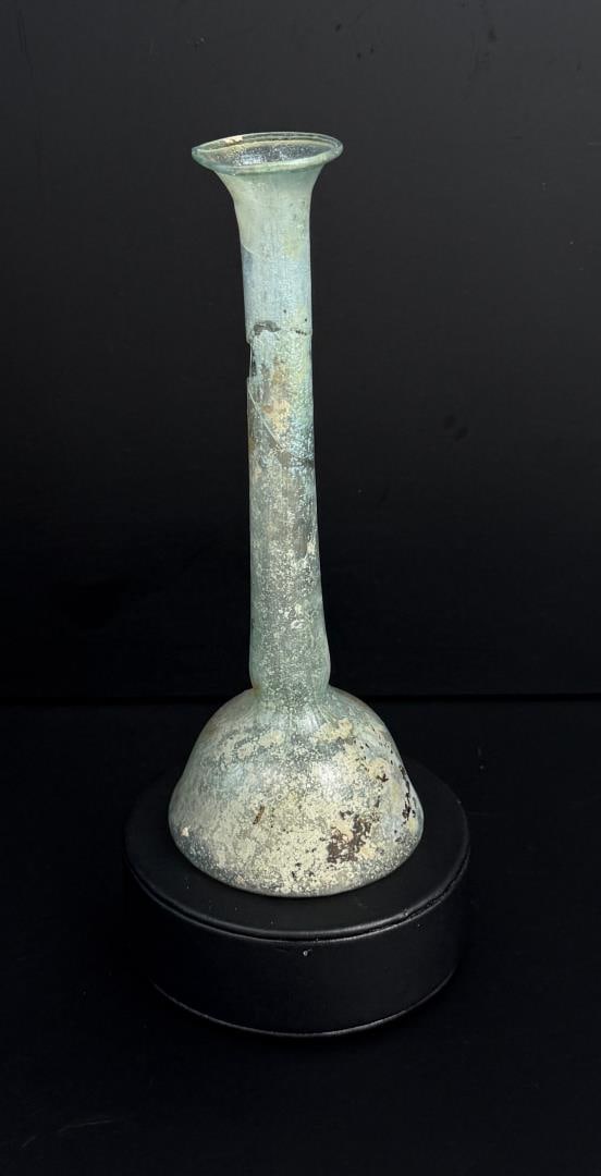 Ancient Roman Glass Unguentarium Perfume Bottle: 6 3/8" tall. Repair to neck as shown.