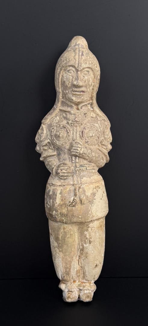 Chinese Tang Dynasty Sui Period Funerary Statue: Tomb Guardian or Attendant. 6th to 9th Century CE. Straw Glazed. 15 3/8" tall. Repaired as shown. Provenance: From the estate of Andrew Cunningham Ware. Andrew Cunningham Ware Collection (1945?2024), 