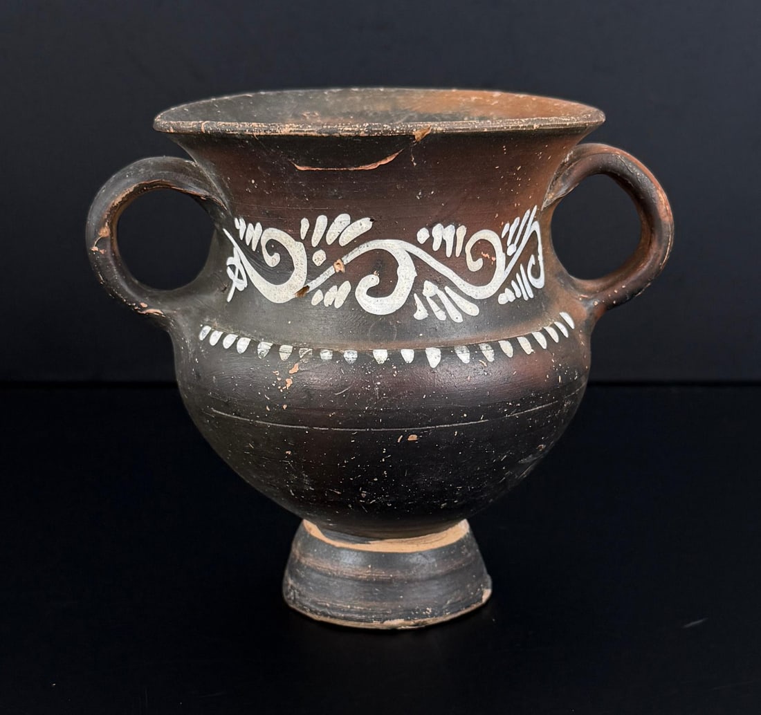 Ancient Greek Gnathian Ware Kantharos Krater: 4" tall, 3 5/8" diameter. Repair work as shown. Provenance: Iris Cornelia Love Collection (1933-2020), New York, primarily formed in the 1950s-1970s. Iris Cornelia Love (1933?2020) was an American arc