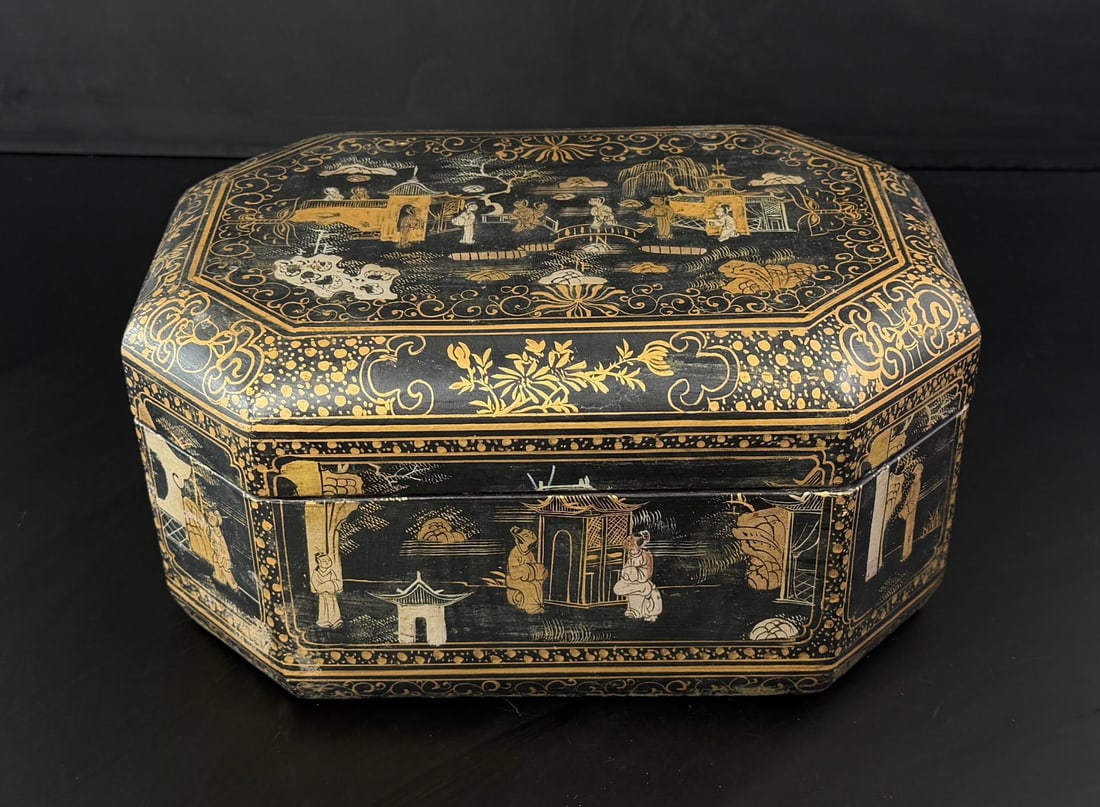Chinese Export Lacquer Casket Sewing Box: 11 1/4" by 7 3/4" by 5 1/2".