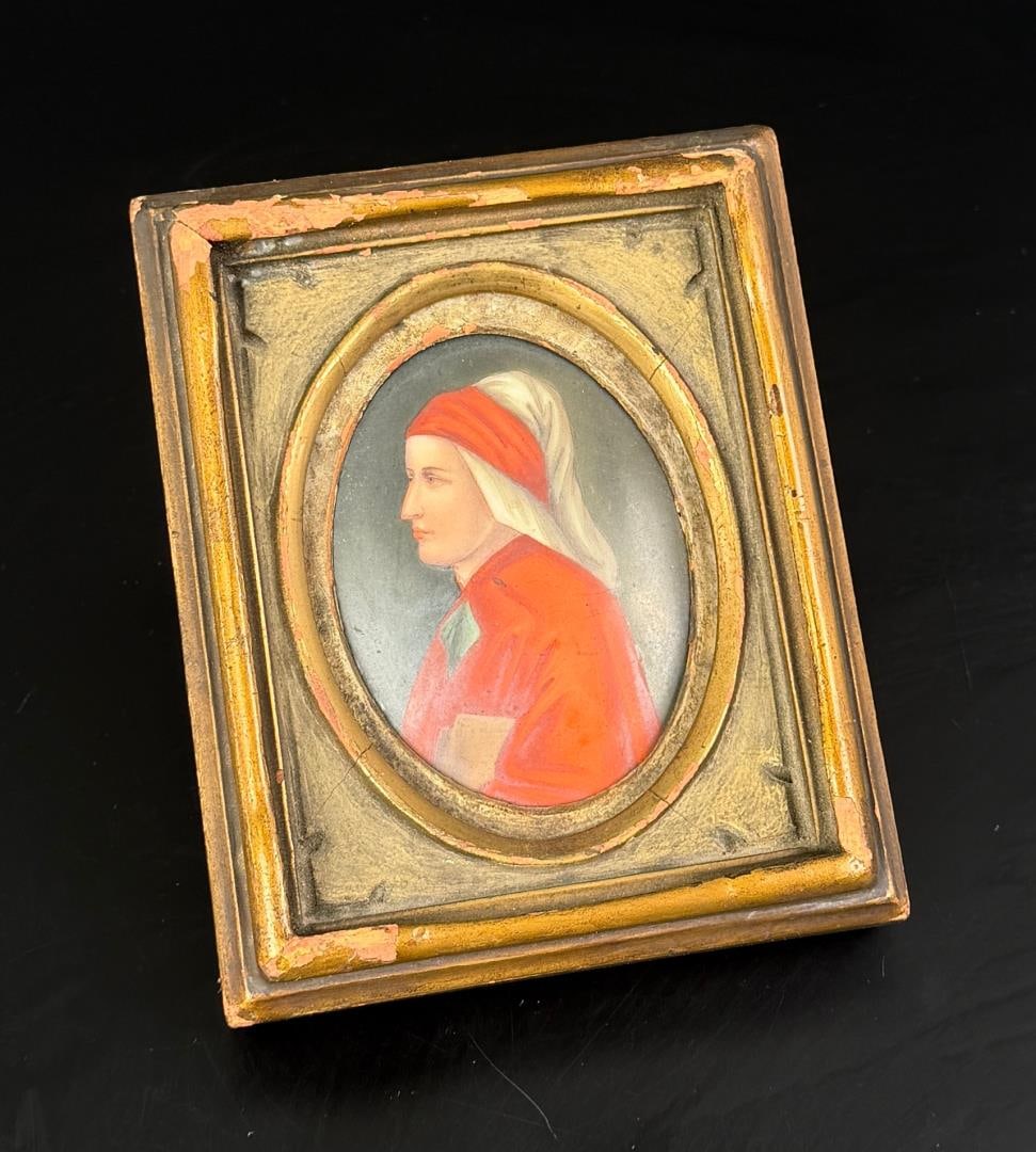Painted Porcelain Plaque of Dante Alighieri: 4 3/8" by 5 1/2" framed.