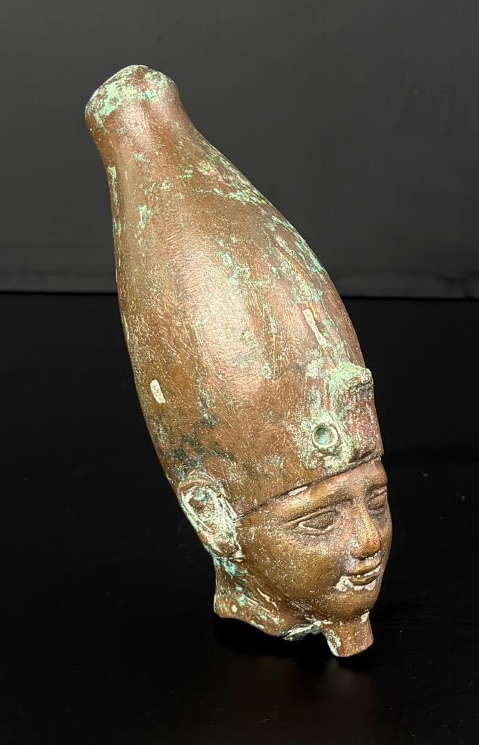 Ancient Egyptian Bronze Head of Osiris: Late Period 664-525 BC. 6 3/4" by 3 1/8" by 2 3/4"