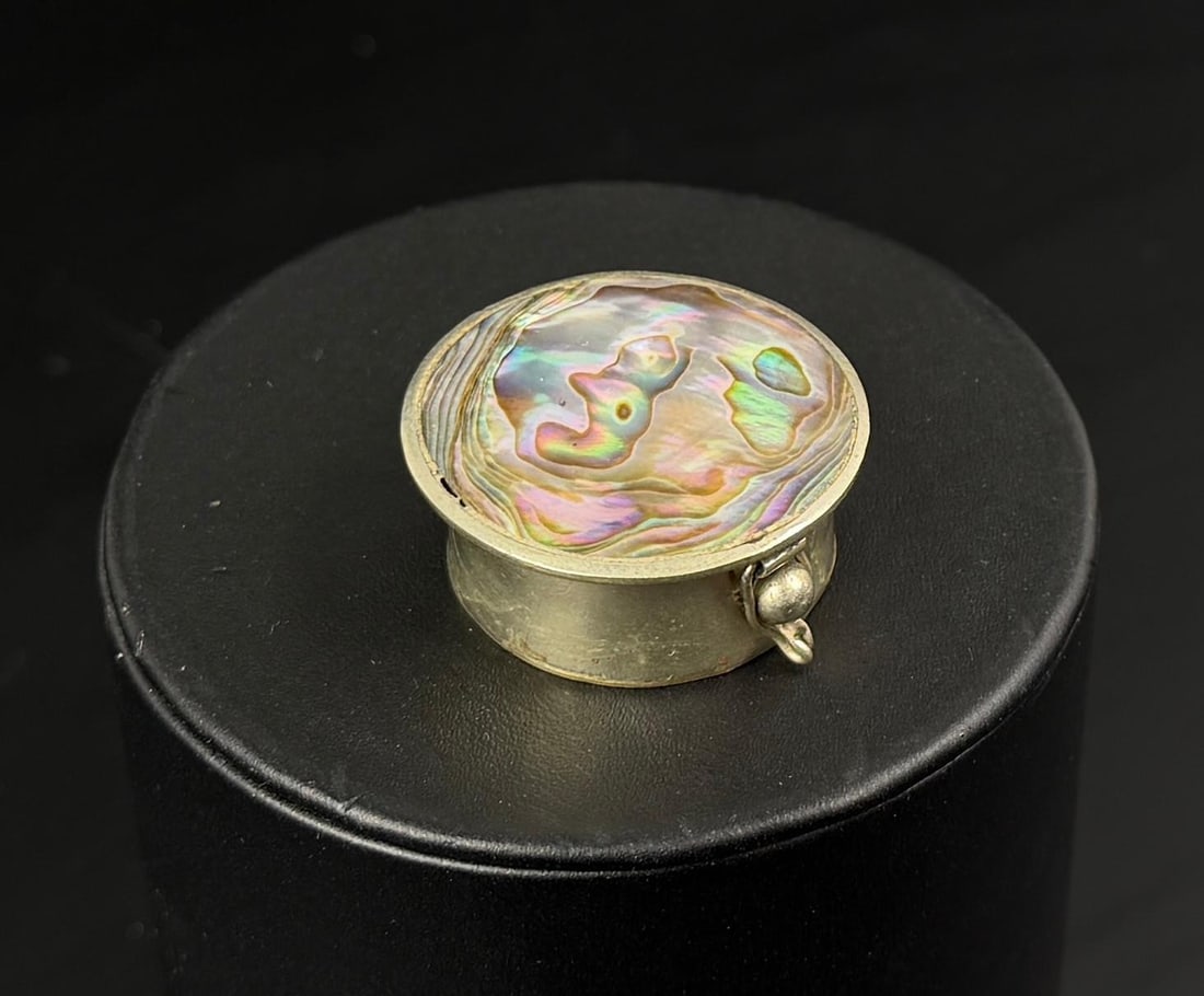 Taxco Mexico Alpaca Abalone Pill Box: 1 1/2" diameter, 5/8" tall.