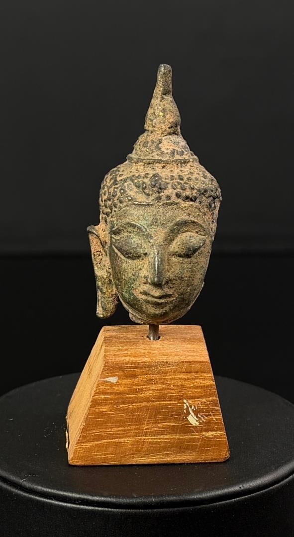 15th Century Thai Bronze Buddha Head: 3 1/4" by 1 1/2" by 1 1/2" on stand.