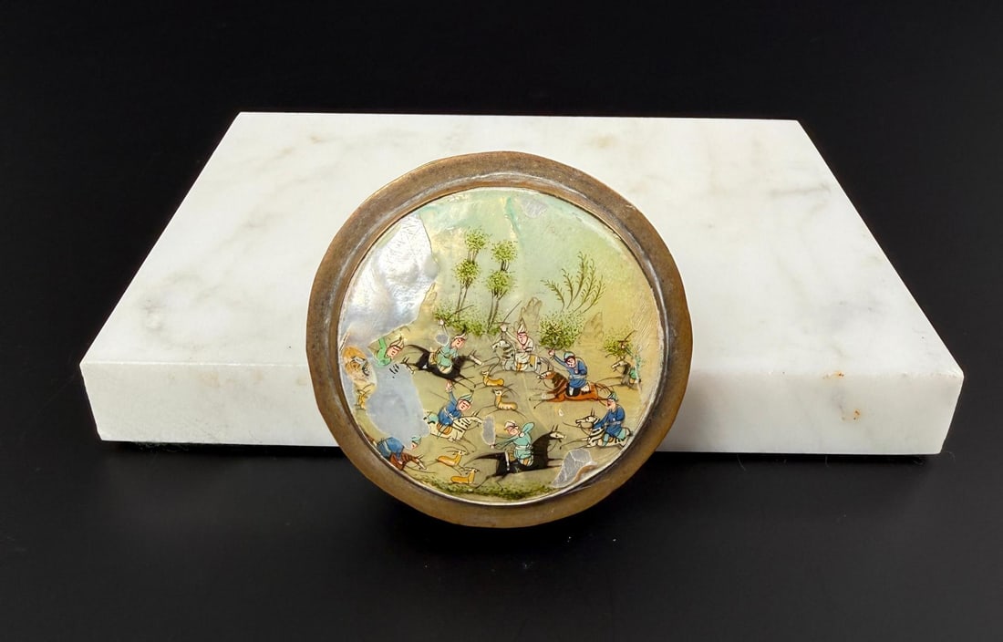 Indo Persian Painted Mother of Pearl Snuff Box: 2 3/8" diameter, 5/8" tall.