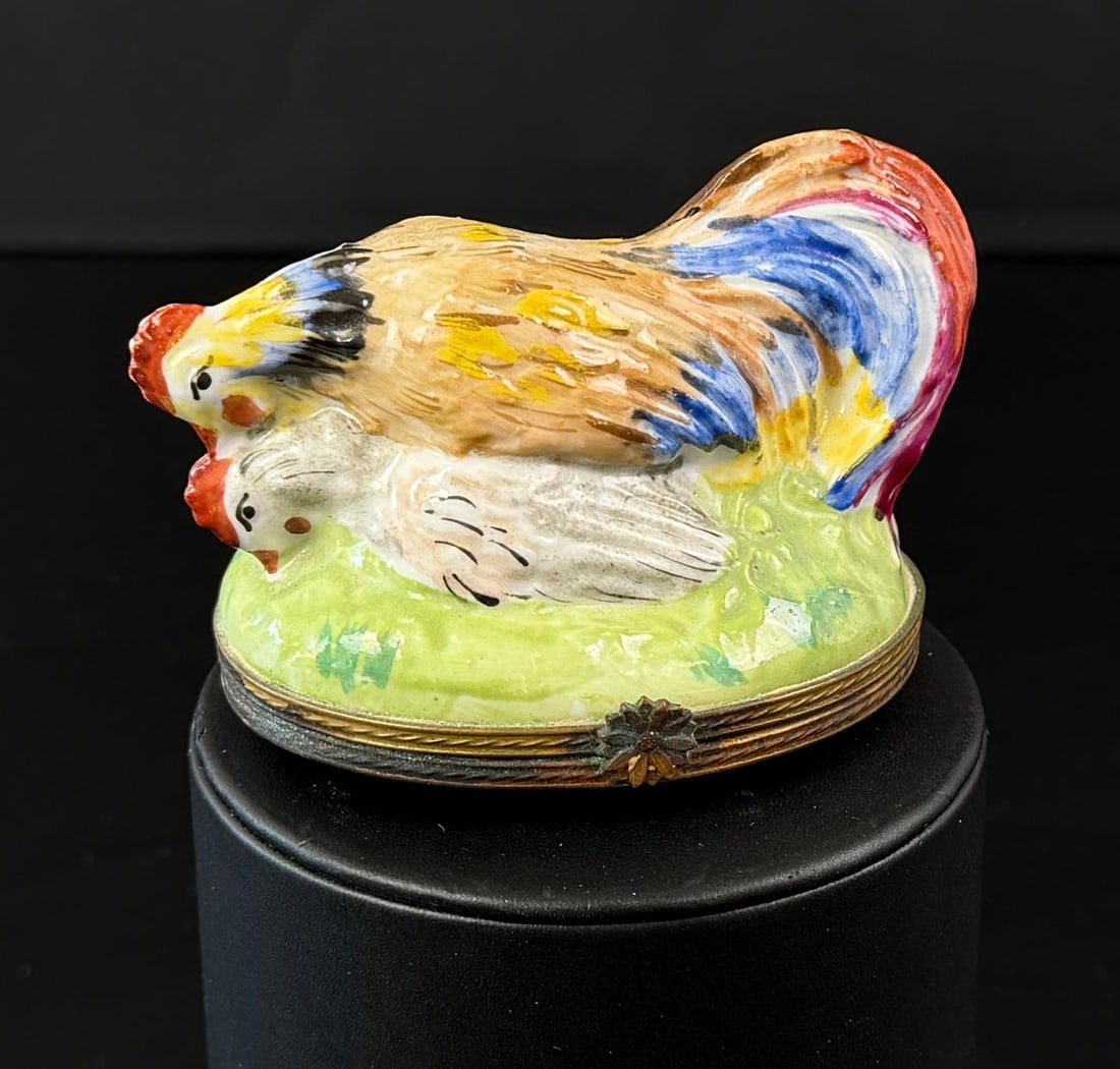 Limoges Porcelain Two Fucking Chickens Trinket Box: 2 5/8" by 2 5/8" by 2 1/4".