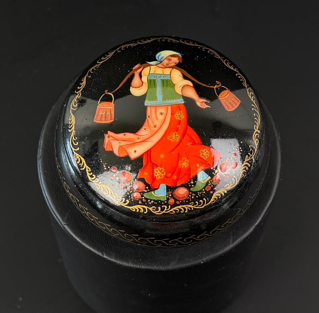 Russian Palekh Fairy Tale Lacquer Box: 2 5/8" diameter, 1 1/2" tall.