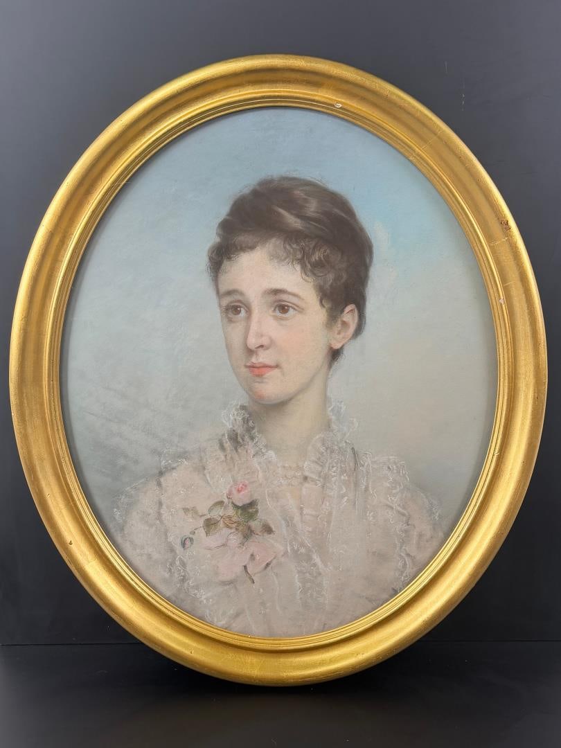 Clarissa Townsend Adee New York Portrait Drawing: 27" by 23". A wonderful early Pastel Portrait of a Prominent New York Family. Unsigned. Clarissa Adee (Townsend) (1783 - 1805) Birthdate: 1783 Death: 1805 (21-22) Immediate Family: Wife of William Ade
