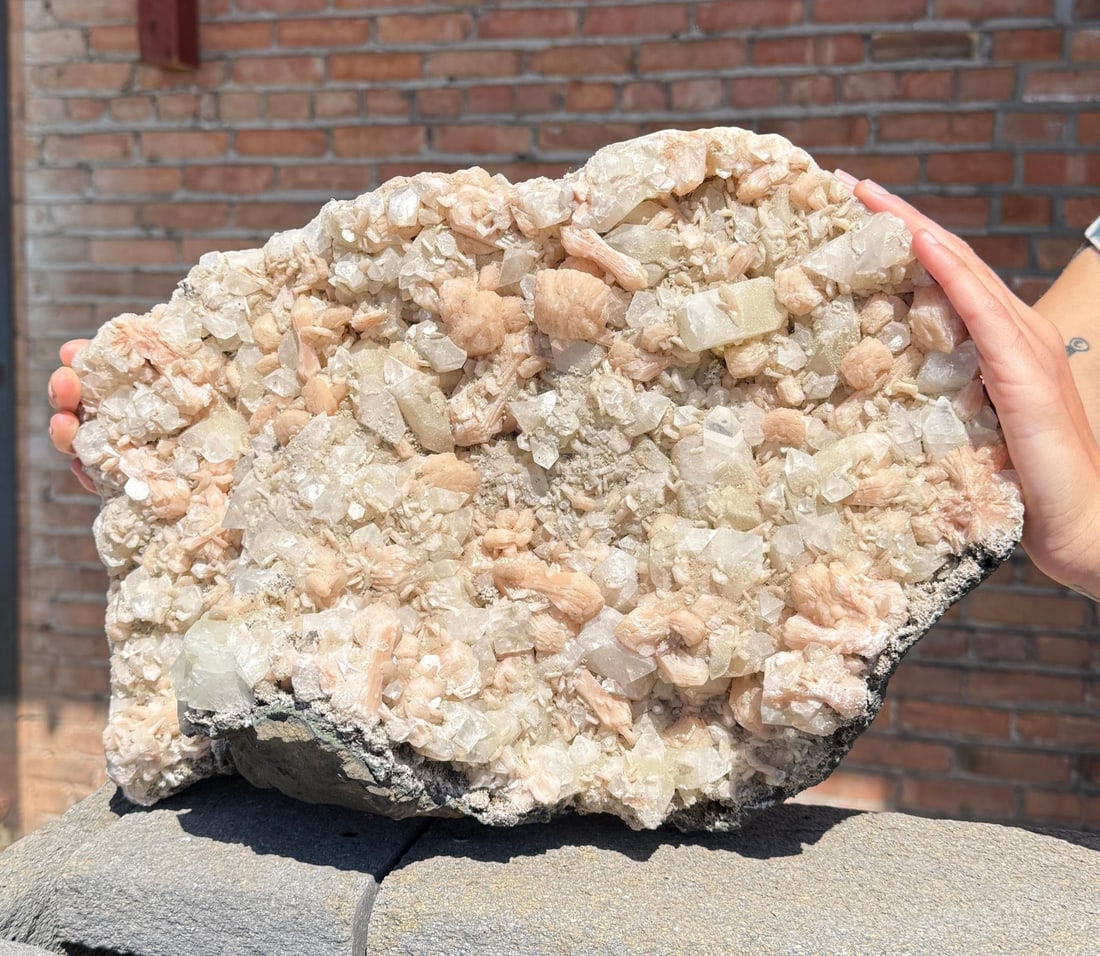 Peach Stilbite and Apophyllite Mineral Specimen: 14 7/8" by 10 3/4" by 5 1/2". 23lbs
