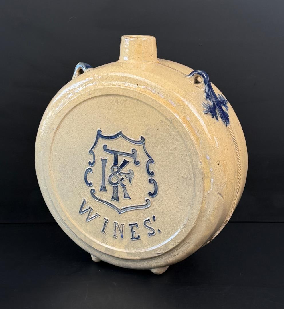 White Utica IF&K Blue Stoneware Canteen Jug: 11" by 10 1/4" by 5".
