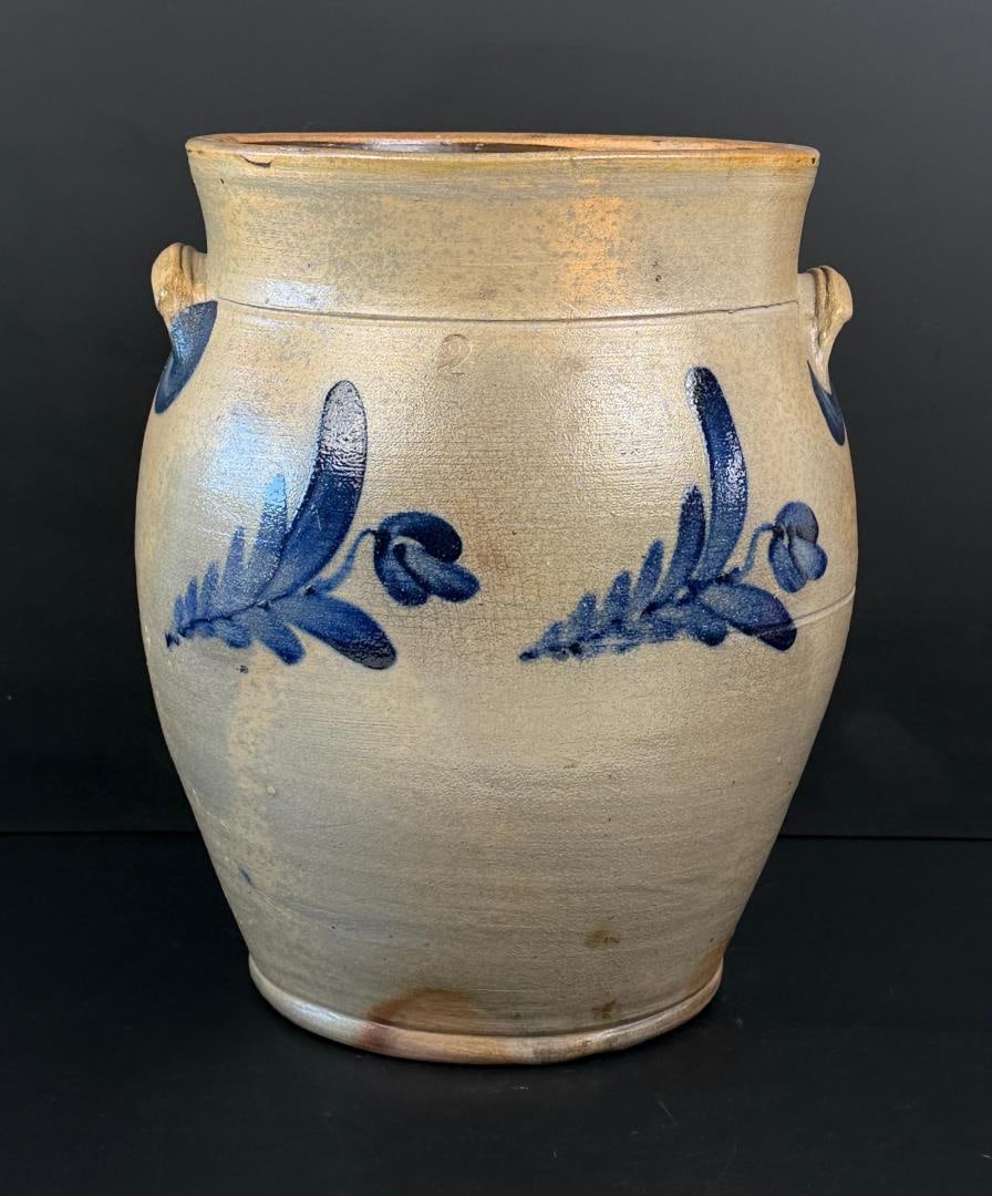 Richard Remmey Philadelphia Stoneware Crock: 2 Gallon Size. 11 5/8" tall, 9 3/4" diameter. Cracked.