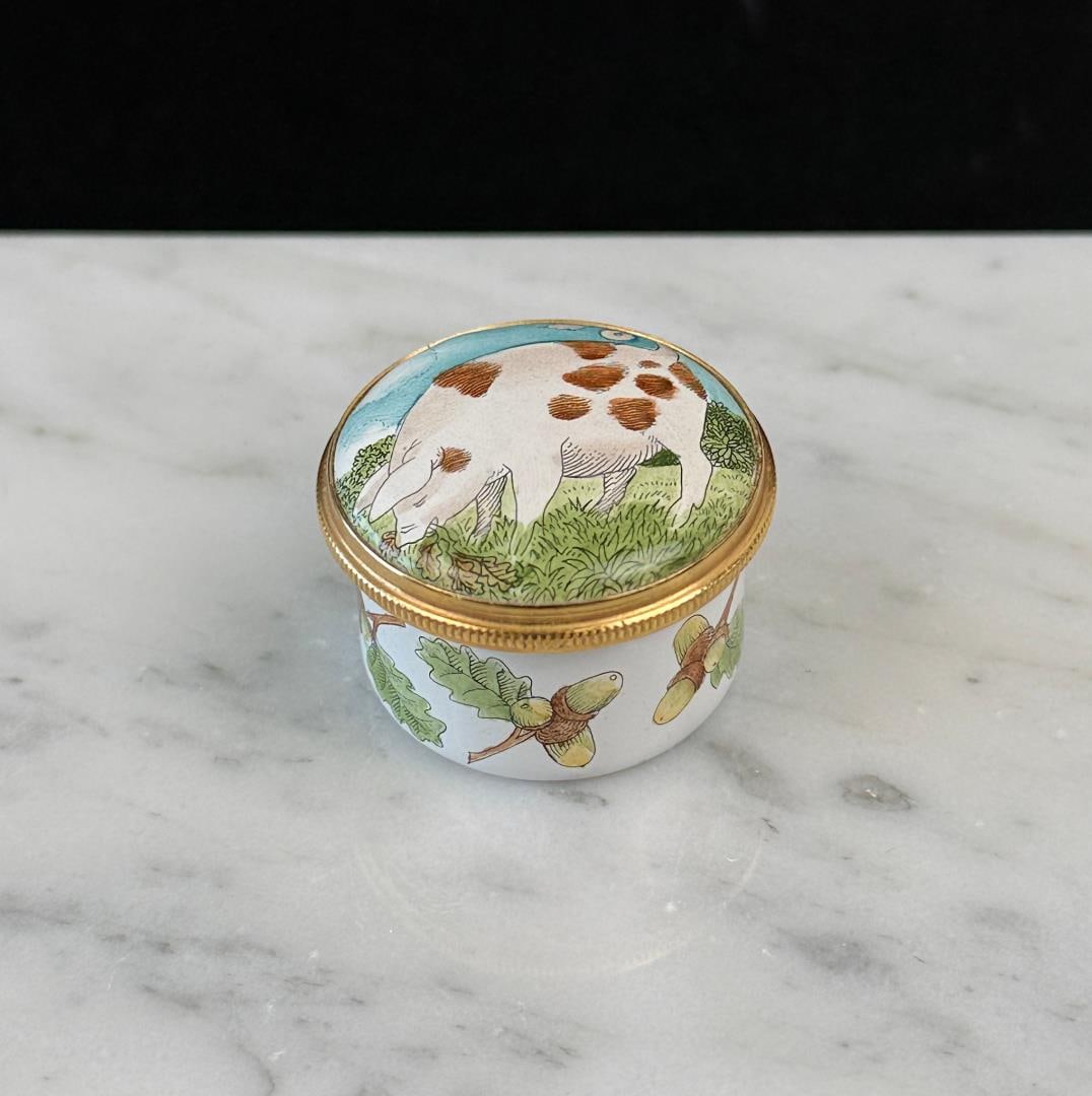 Bilston & Battersea Enamel Pig Trinket Box: 1 1/8" diameter, 5/8" tall.