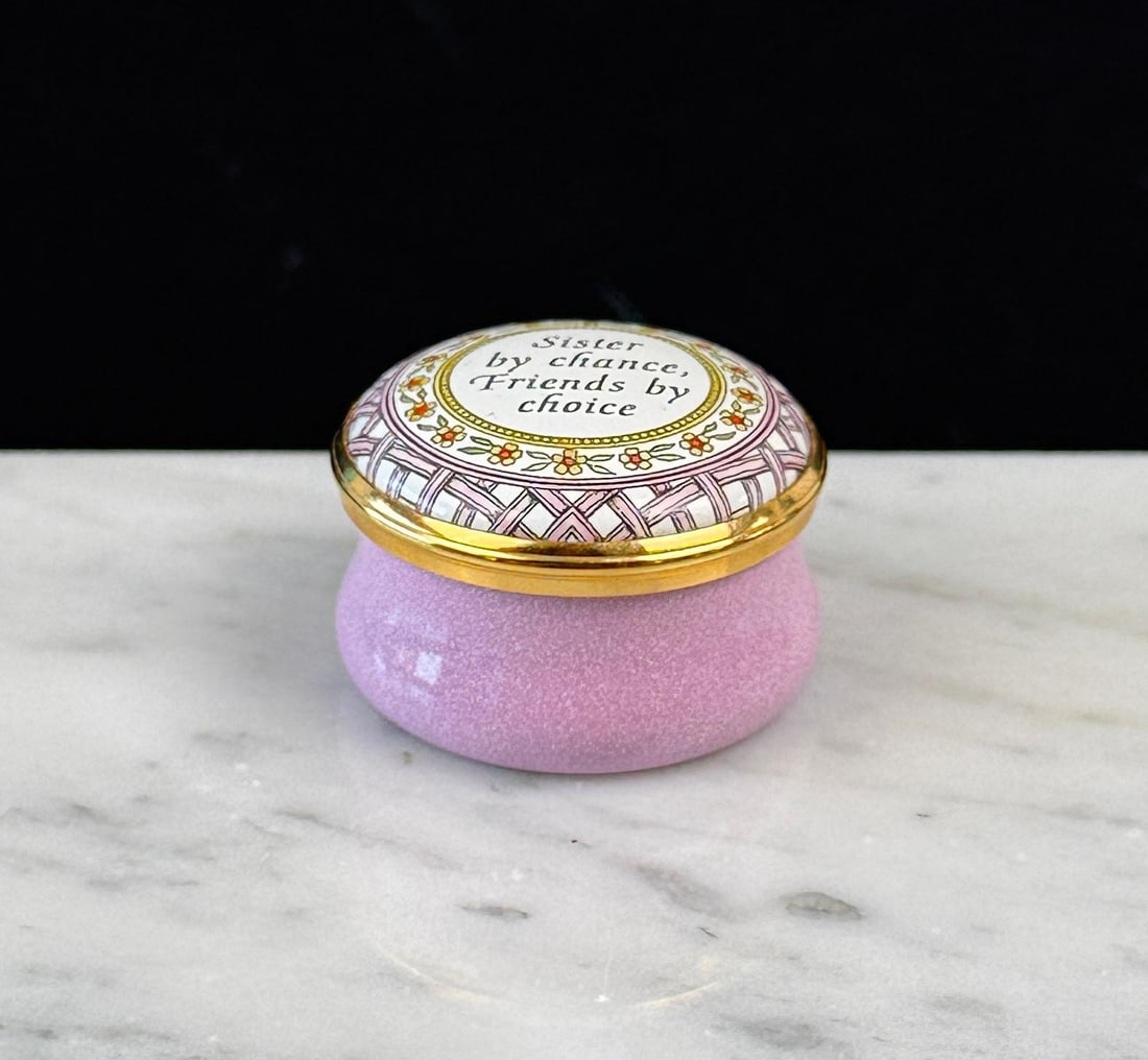 Bilston & Battersea Enamel Trinket Box: Halcyon Days Exclusive. 1 1/8" diameter, 3/4" tall.