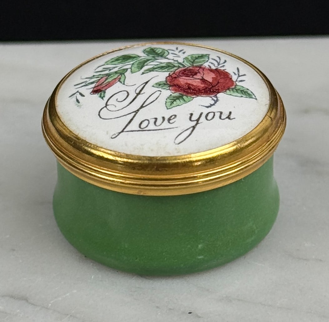 Crummles England Love You Enamel Trinket Box: 1" diameter, 1/2" tall.