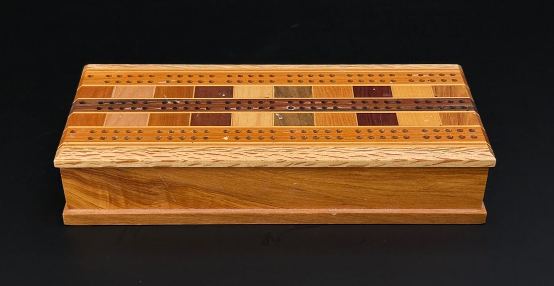 Native Timbers of New Zealand Cribbage Board Box: Made by Timber Arts. 8 5/8" by 3 5/8" by 1 5/8".