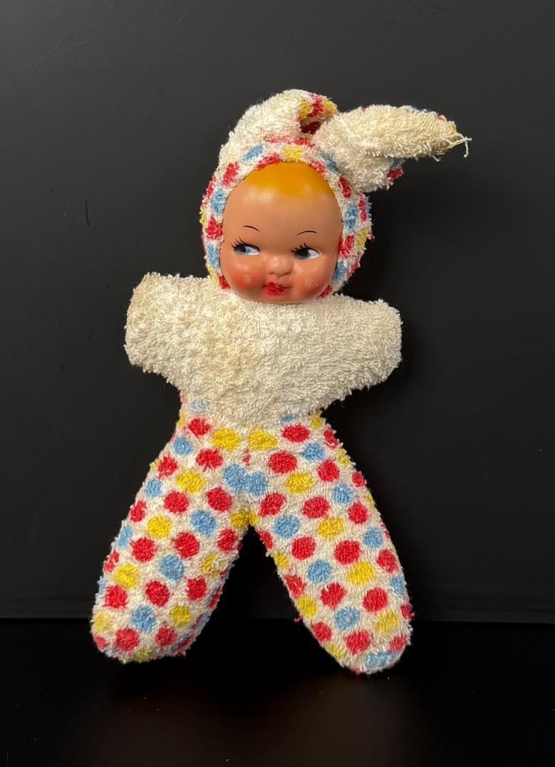 1950s Plastic Face Rabbit Baby Doll Plush: 11 1/2" long.