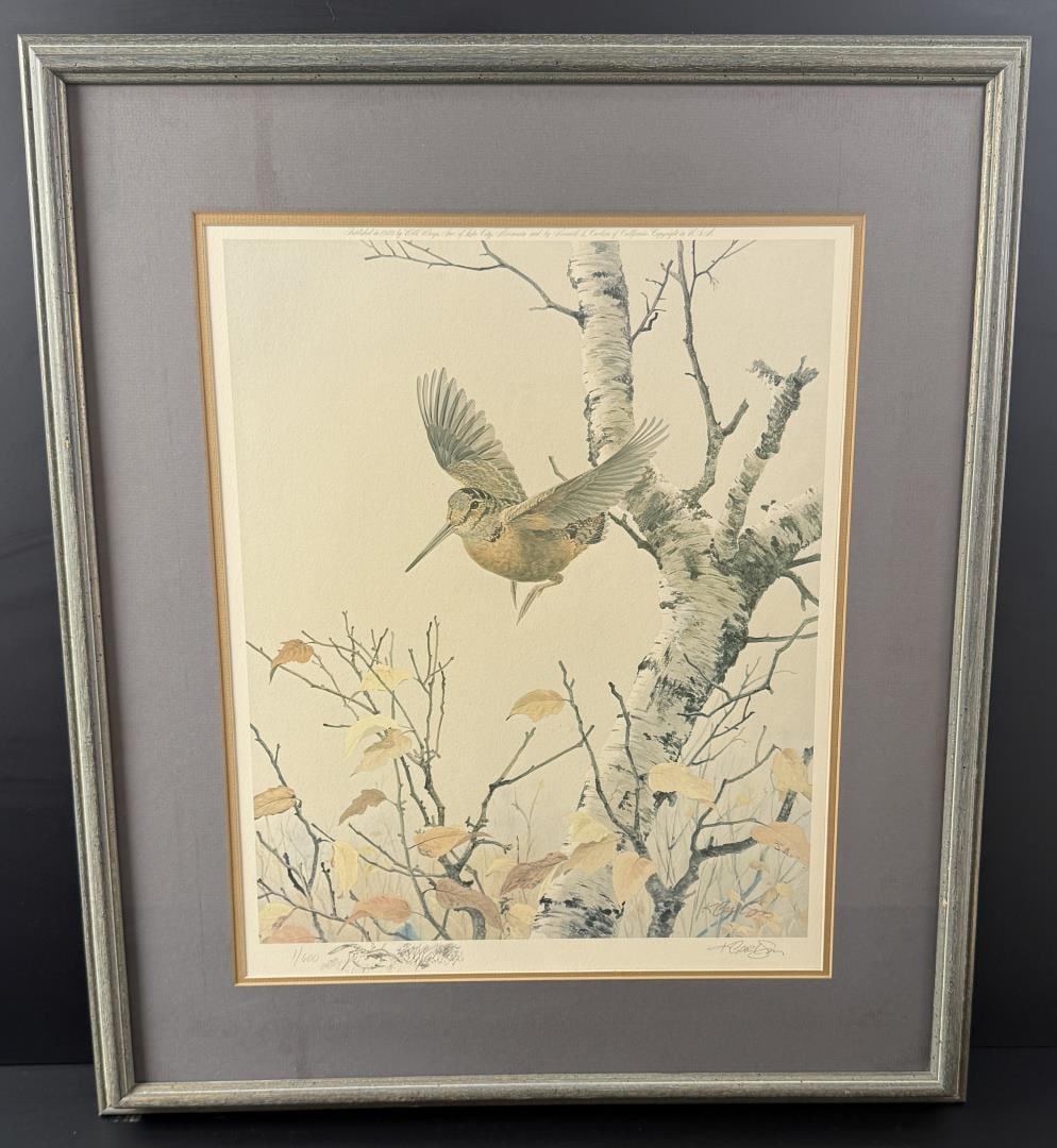 Ken Carlson Woodcock Print: 23 5/8" by 27 1/4" framed.