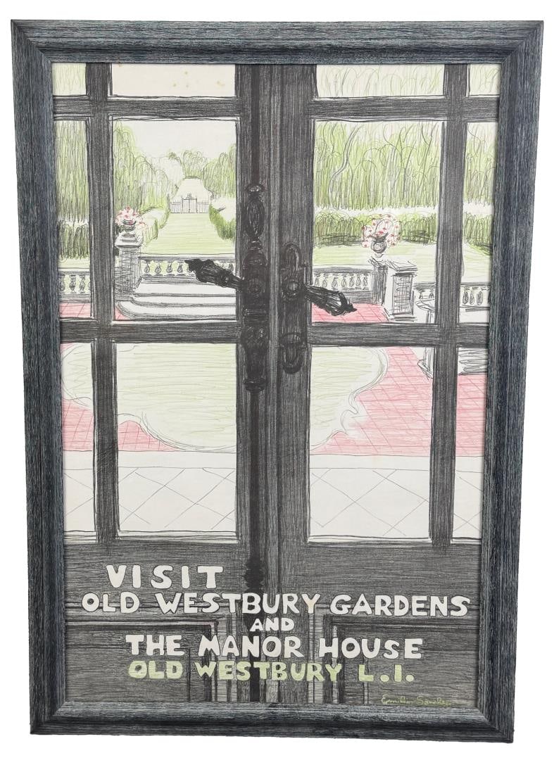 Emilio Sanchez Westbury Gardens Lithograph: Title is Visit Old Westbury Gardens and The Manor House. Appears to be a color pencil enhanced Lithograph. 20 1/2" by 29 1/2" framed. Emilio Sanchez. 1921 Camaguey, Cuba - 1999. Known for: Play-of-lig