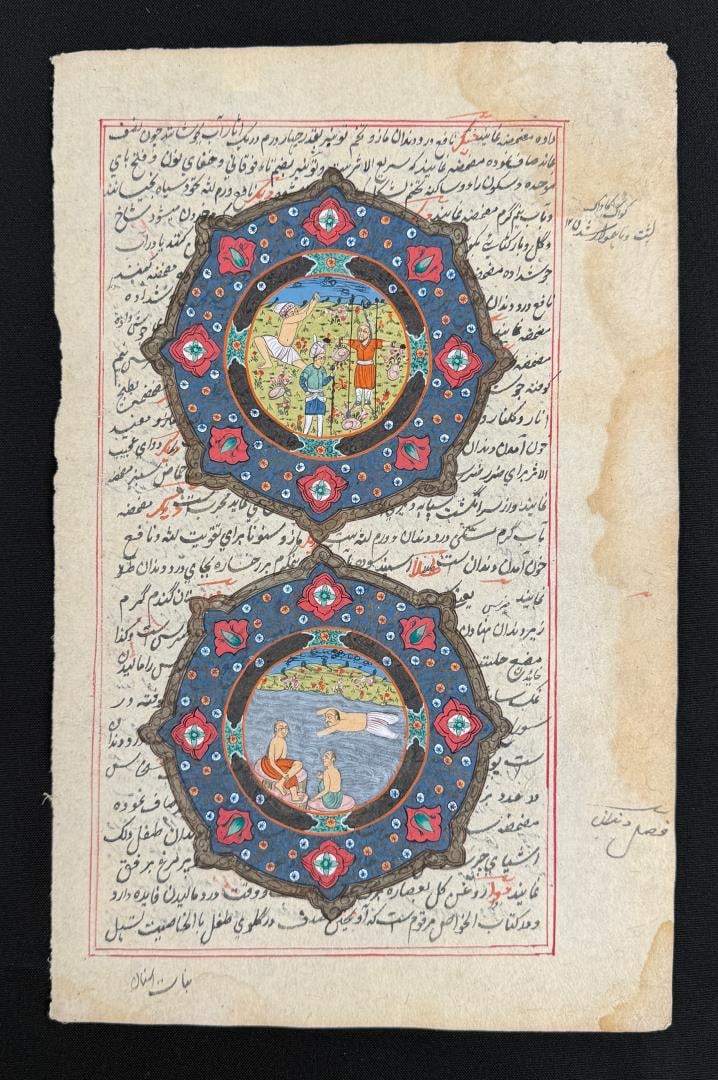 Mughal Persian Illuminated Manuscript Leaf: 9" by 14". From Wonders of Creation and Marvels of Existing Things.