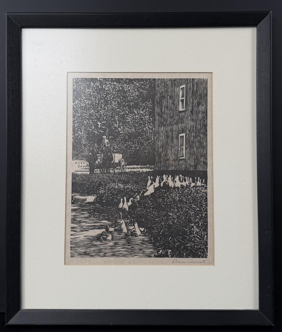Dan Quest Pond Ducks Woodblock Print: 14" by 16 1/4" framed.