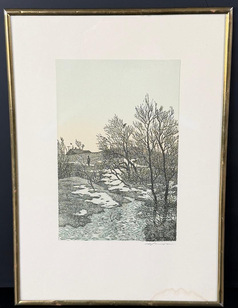 Russian Linocut Print: 9" by 13" framed.