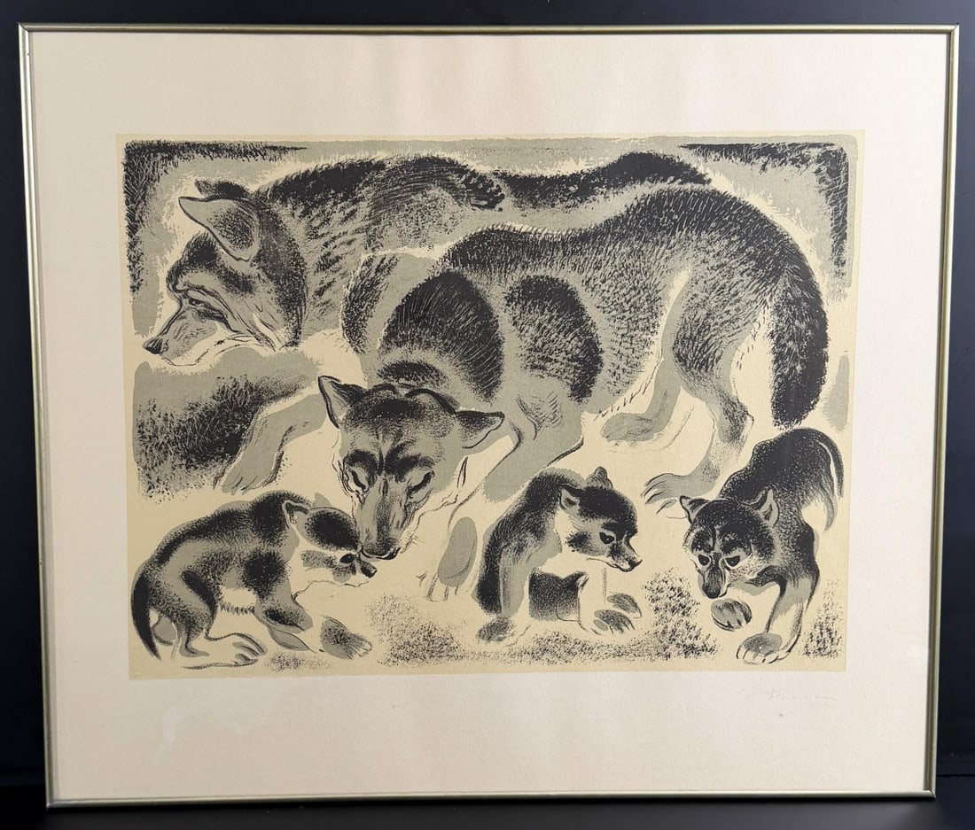 Russian Wolves Linocut Print: 18" by 21 1/2" framed.