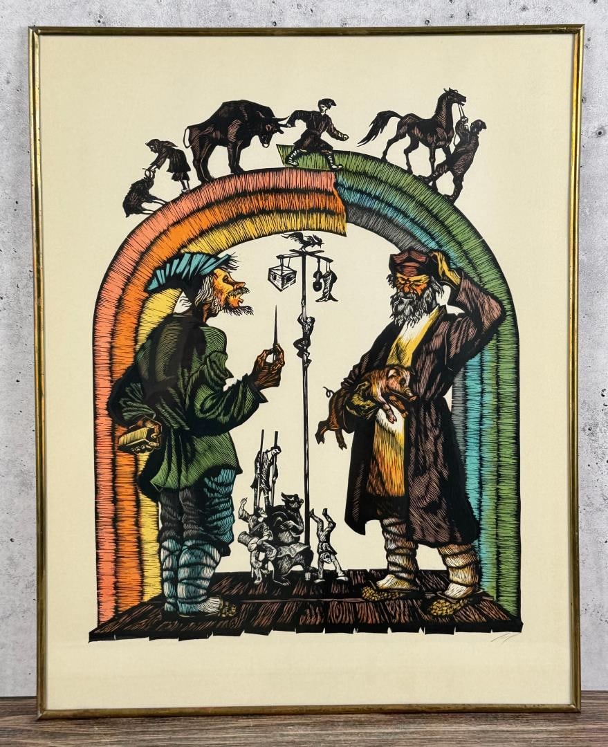 Nina Krasovitova The Barter Linocut Print: 15" by 18 5/8" framed.