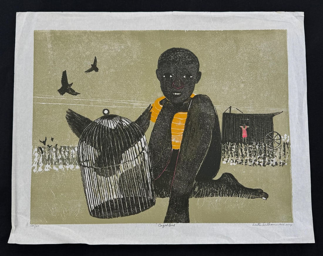 Walter Williams Caged Bird Woodblock Print: 21 1/2" by 27 1/2"